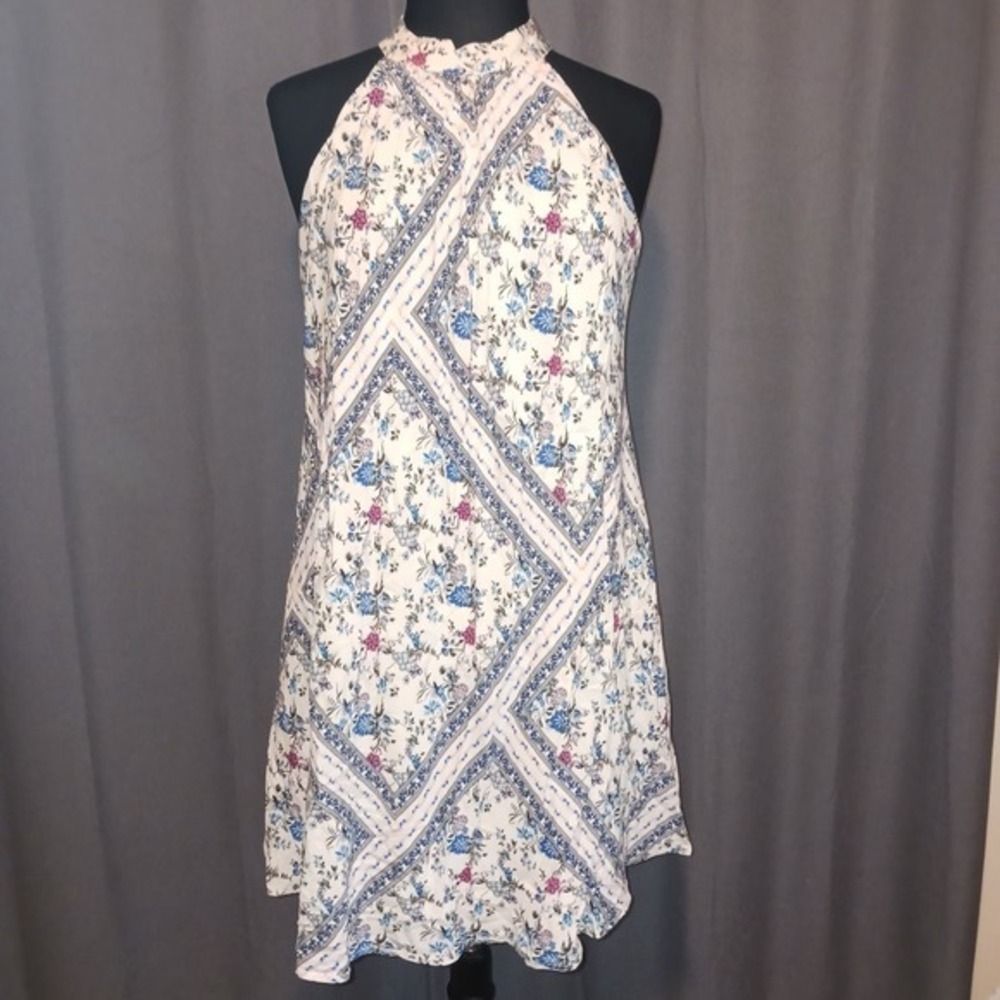 Entro Floral Cottagecore Bohemian Halter Mini Dress‎ Open Back Lined large